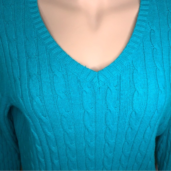 2X JC Penney Teal Merino Wool Cable Knit Sweater Vneck Long Sleeve - Picture 5 of 14
